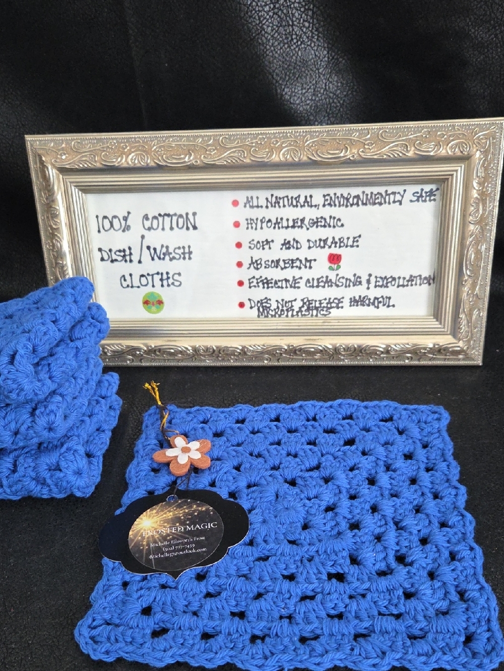 Handmade Crocheted Blue 100% Cotton Dish/Wash Cloths Set Of 4